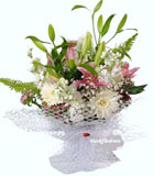Beyaz T�l i�erisinde pembe lilyum ve beyaz gelberalardan olu�an buoket<br>Pembe lilyum , �ebboy ve beyaz gelberalardan olu�an buket ortalama �r�n boyutlar� 55x60cm